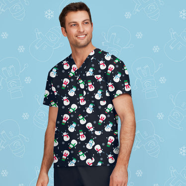 Mens Printed Scrub Top - Snowman