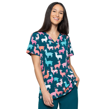 Womens Printed Scrub Top - Lovely Llamas