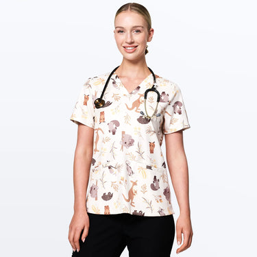 Womens Printed Scrub Top - Aussie Natives