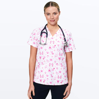 Womens Printed Scrub Top - Breast Cancer Awareness