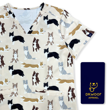 Womens Printed Scrub Top - Border Collies