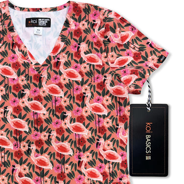 Womens Printed Scrub Top - Flamingo and Flowers