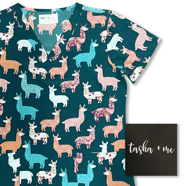 Womens Printed Scrub Top - Lovely Llamas