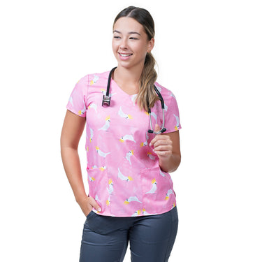 Womens Printed Scrub Top - Cockatoo