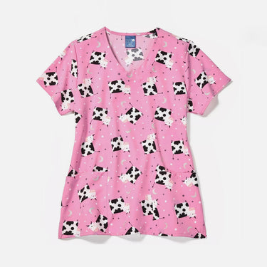 Womens Printed Scrub Top - Moon Moo