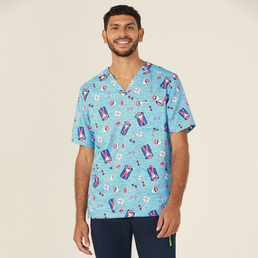 Unisex Printed Scrub Top - Blue Pool Party