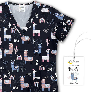 Womens Printed Scrub Top - Llama Love